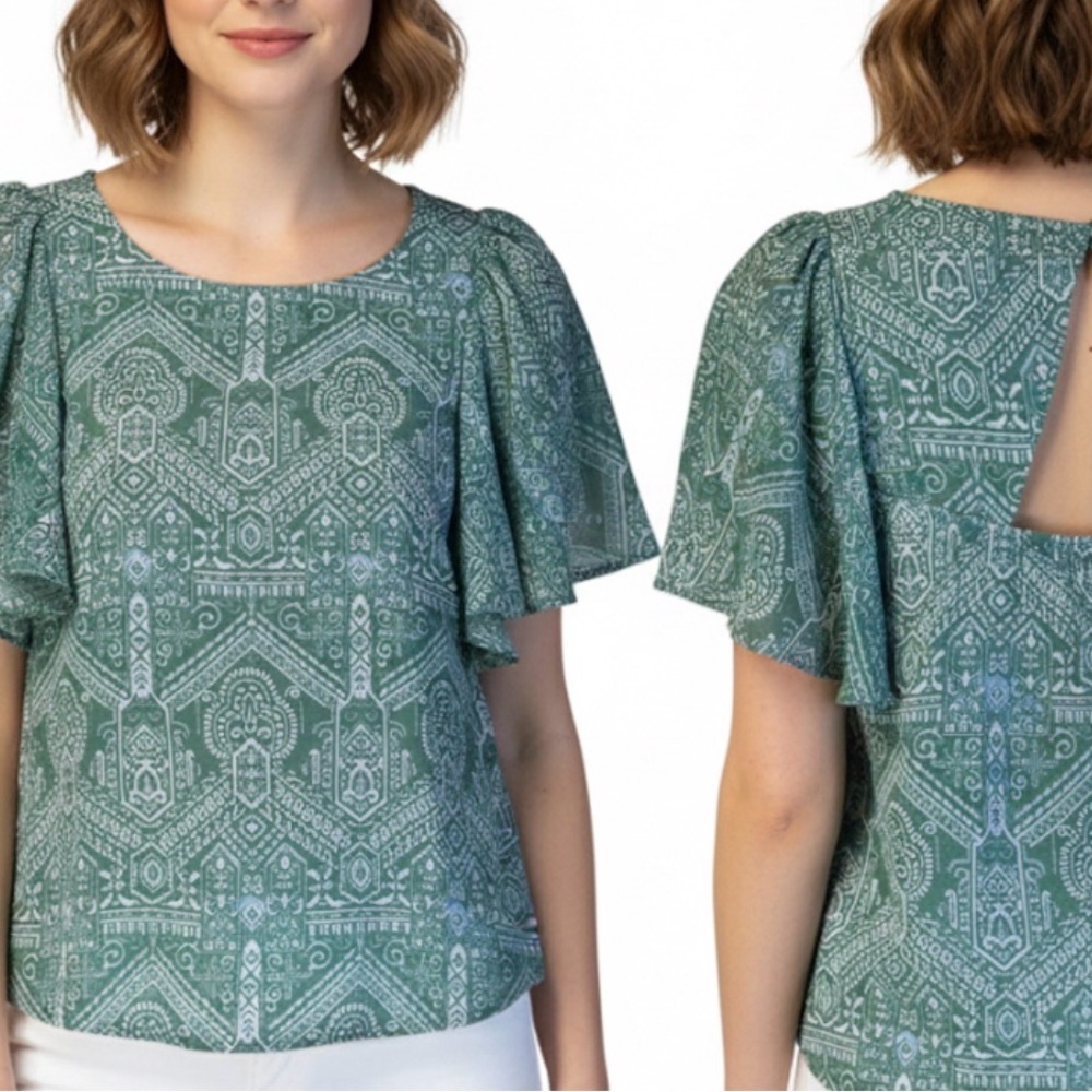 Lucky Brand Green White Paisley Flutter Sleeve Keyhole Pop Over Top Blouse S